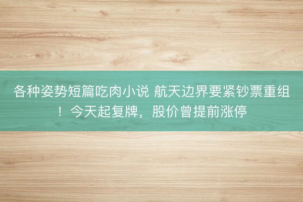各种姿势短篇吃肉小说 航天边界要紧钞票重组！今天起复牌，股价曾提前涨停